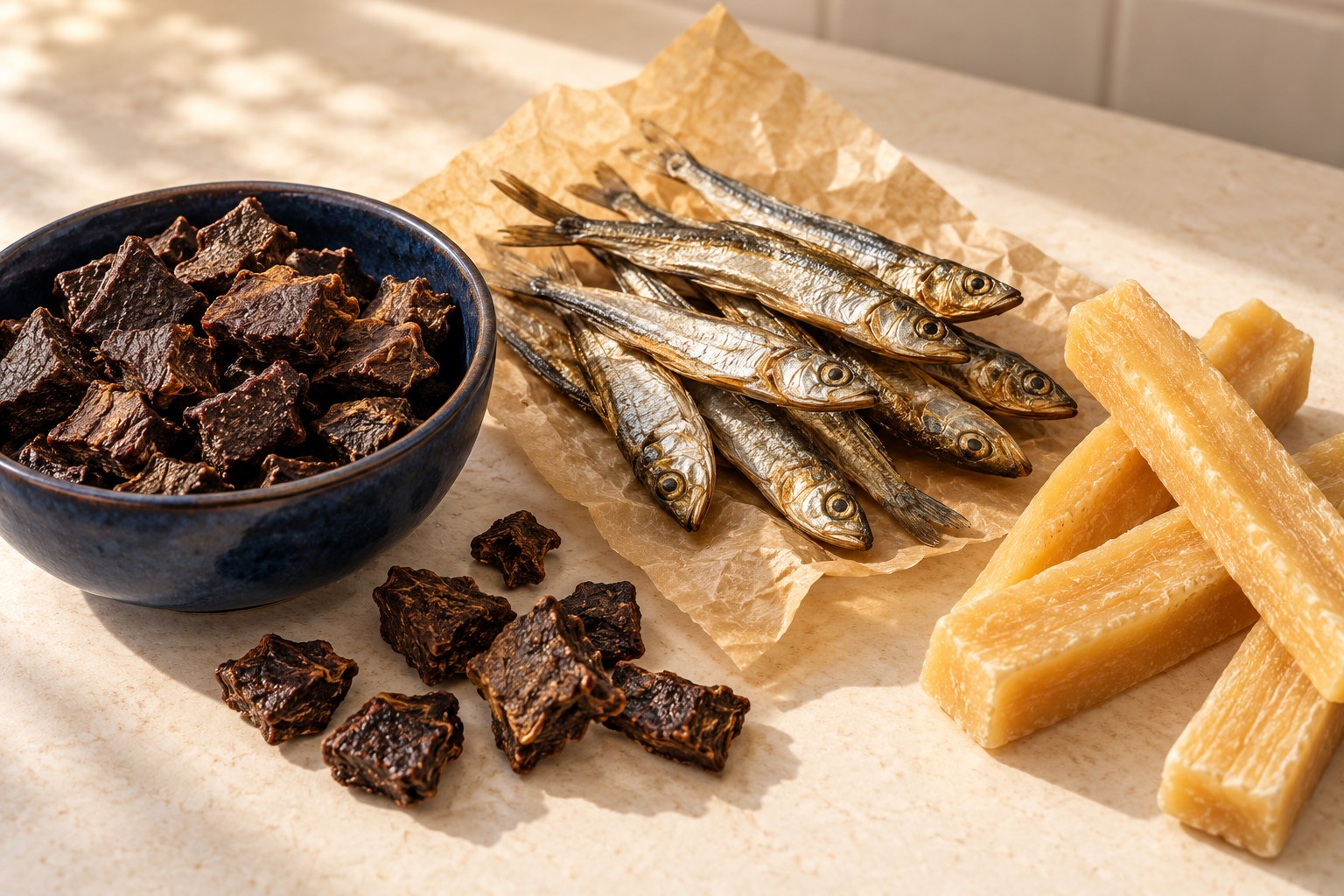 Illustrative concept of liver treats, dried fish and cheese chews